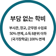 부담없는 학비(부사관, 장교, 군무원은 수업료 50% 면제, 소득 7분위이하[국가 장학금대상]는 100% 면제 학점당 수업료 최저수준)